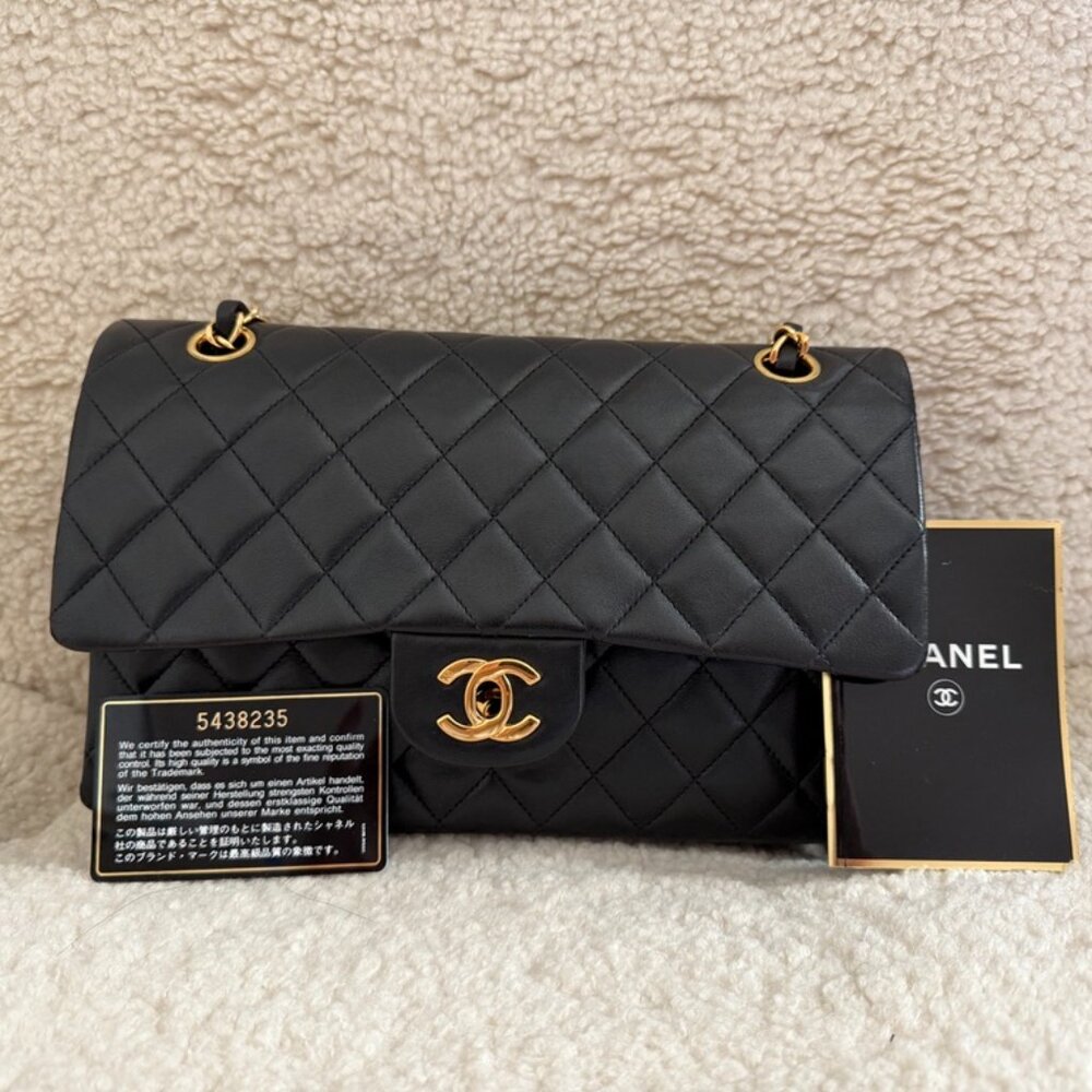 Authentic CHANEL Classic Flap Bag Medium Black Quilted Calfskin Leather 24k Gold